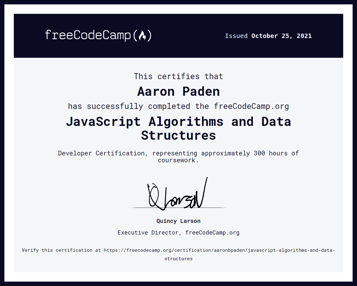 Freecodecamp.org JavaScript Algorithms and Data Structures certification.